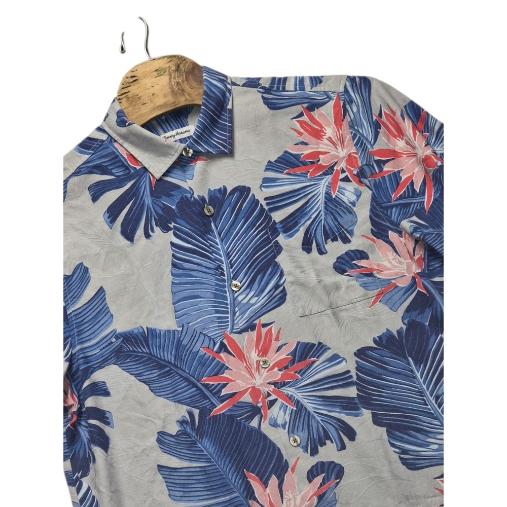Tommy Bahama Mens XL Tropical Floral Palm Leaf Button Down Shirt Grey Blue Pink